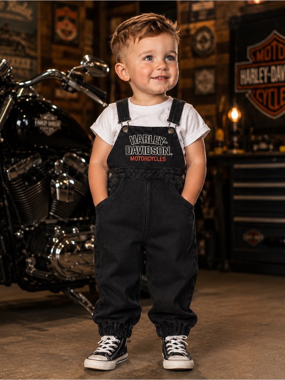 Harley-Davidson Overalls Unisex Kids Size 2T -3T Black Washed Embroidered Logo